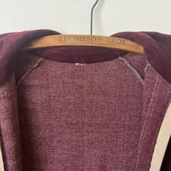 Vintage Velour Burgundy and Tan Track Jacket 1980’s 80’s Velour Sweatshirt - Picture 7 of 8
